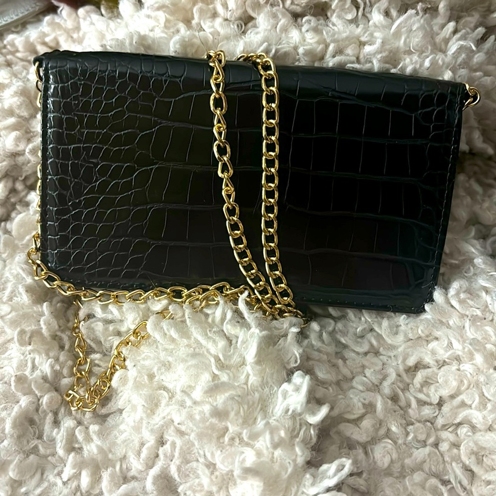ASOS mini bag, wallet, crocodile skin black on gold chain